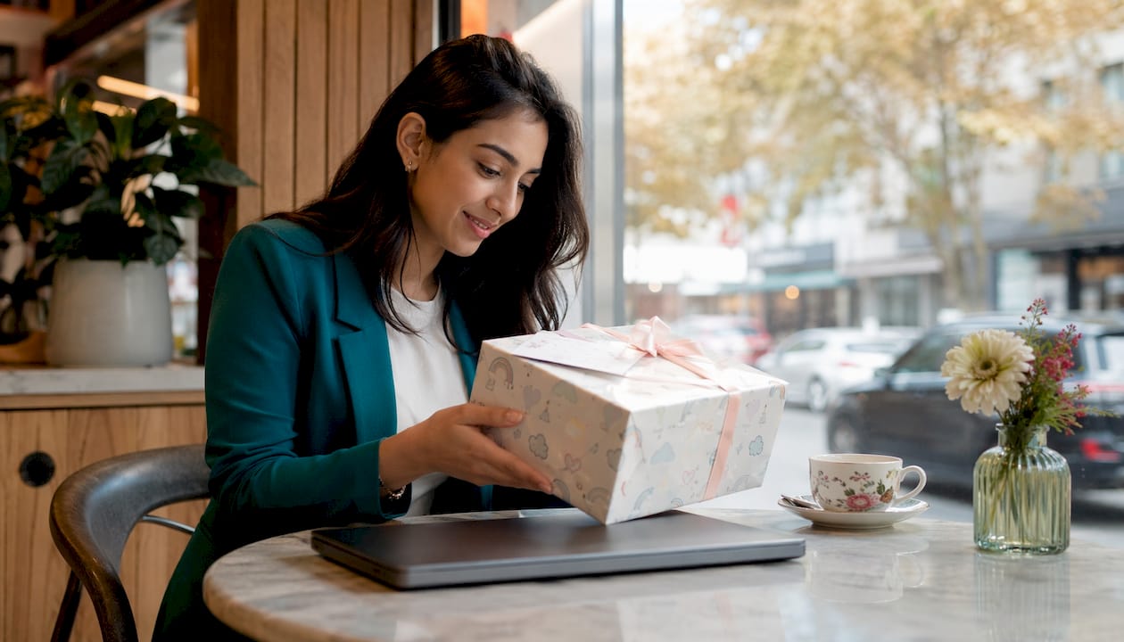 HR professional reviewing corporate baby gift