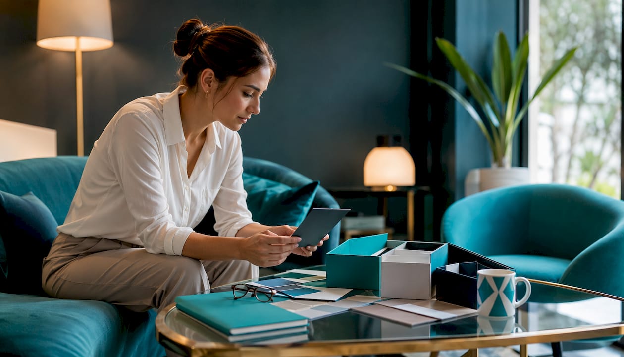 Woman reviewing corporate gifting brochures