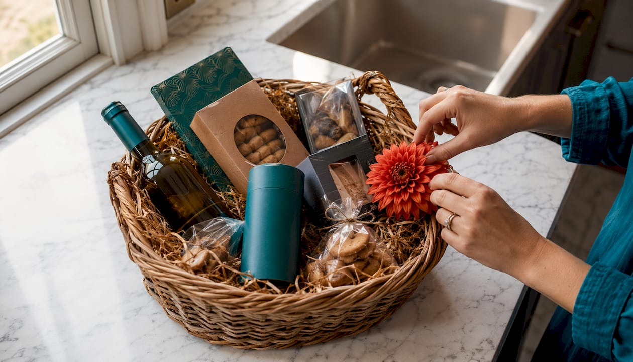 Close-up luxury hamper with tea and preserves
