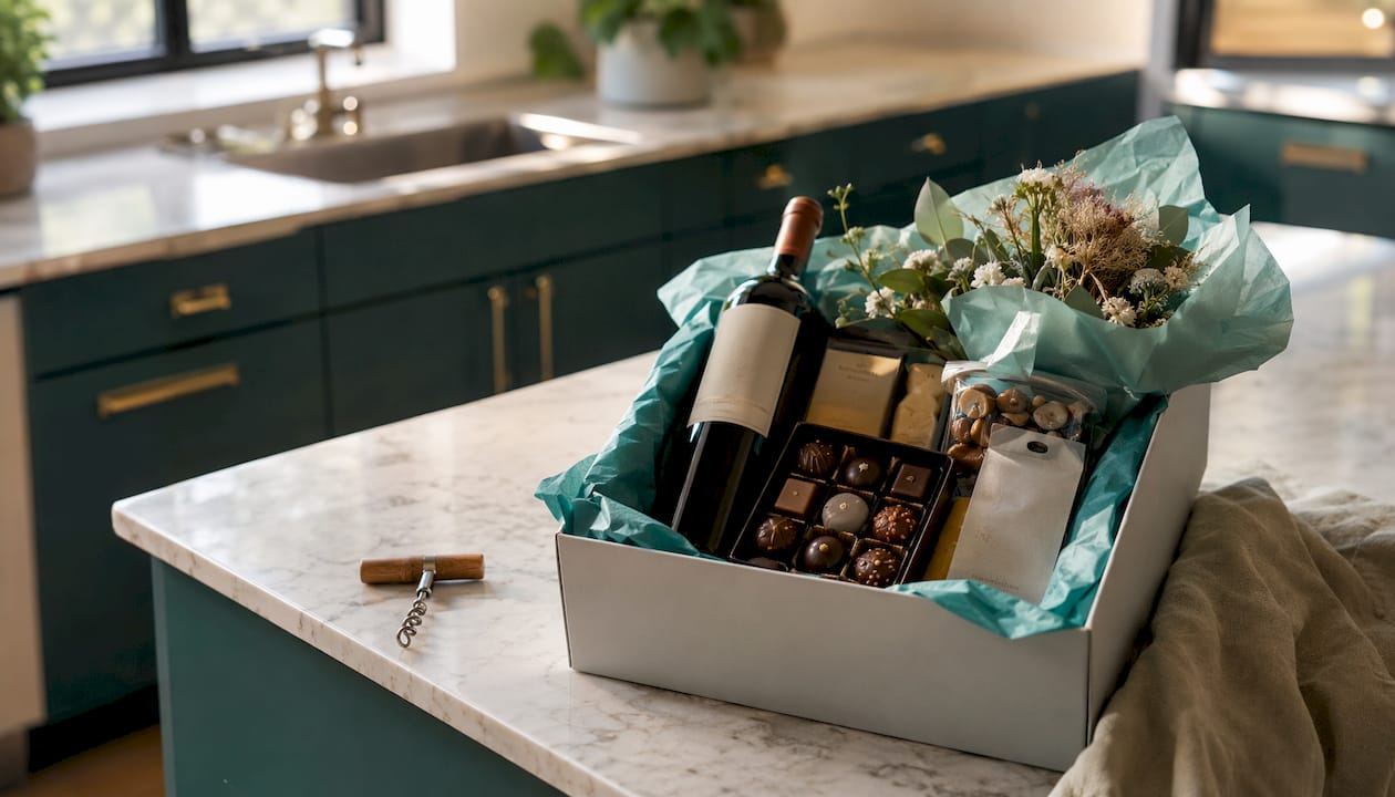 Overhead view of artisan chocolates and wine birthday gift box