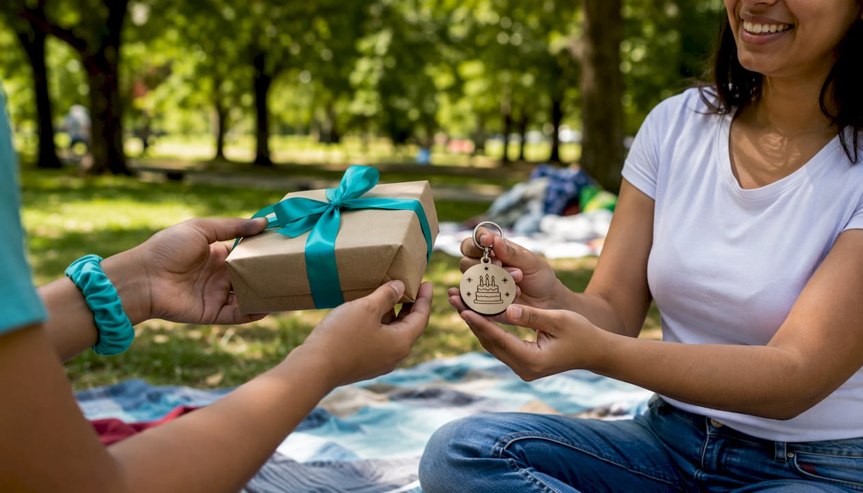 Exchanging personalised employee birthday gifts hands close-up