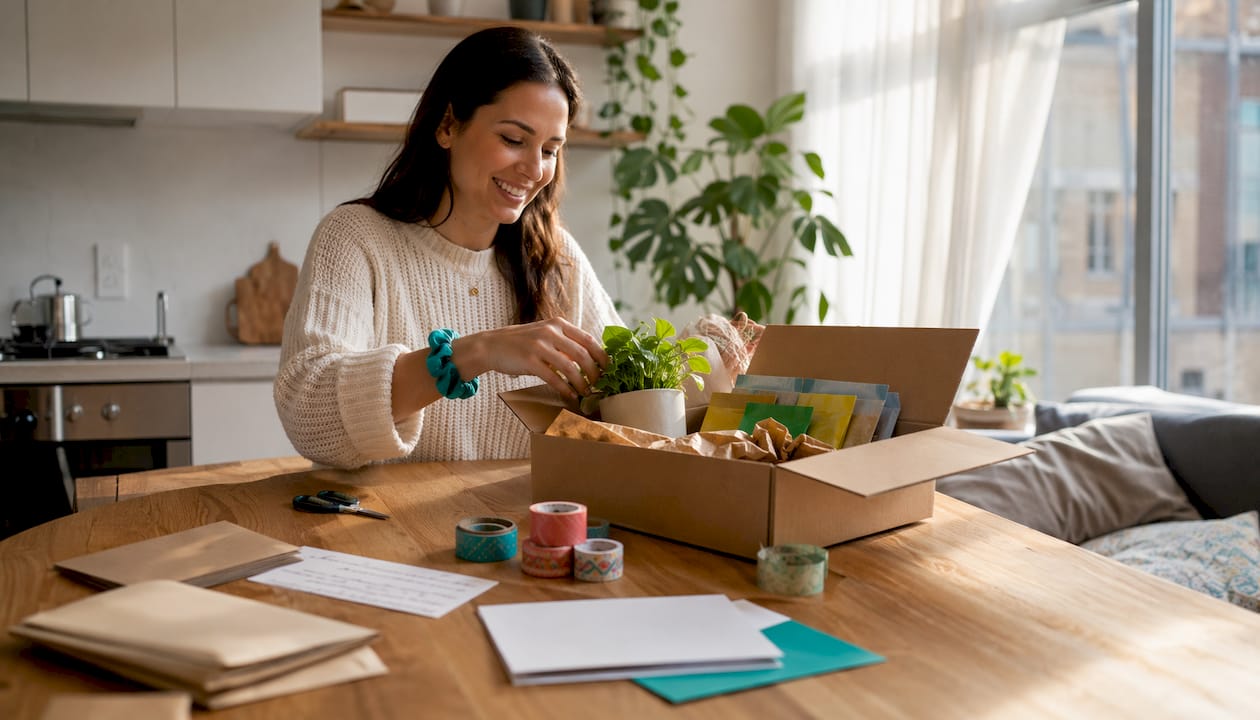 Woman packing personalized care package