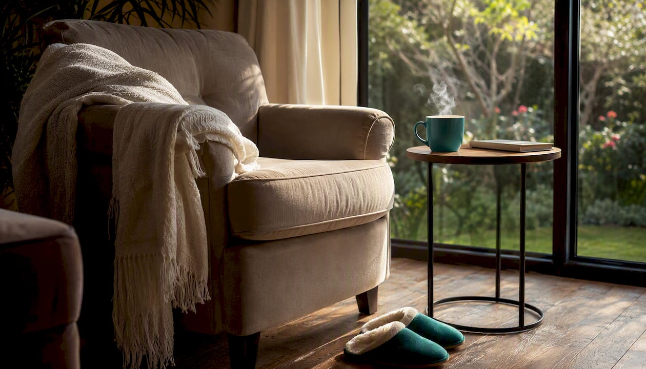 Comfort items: tea mug, blanket, slippers