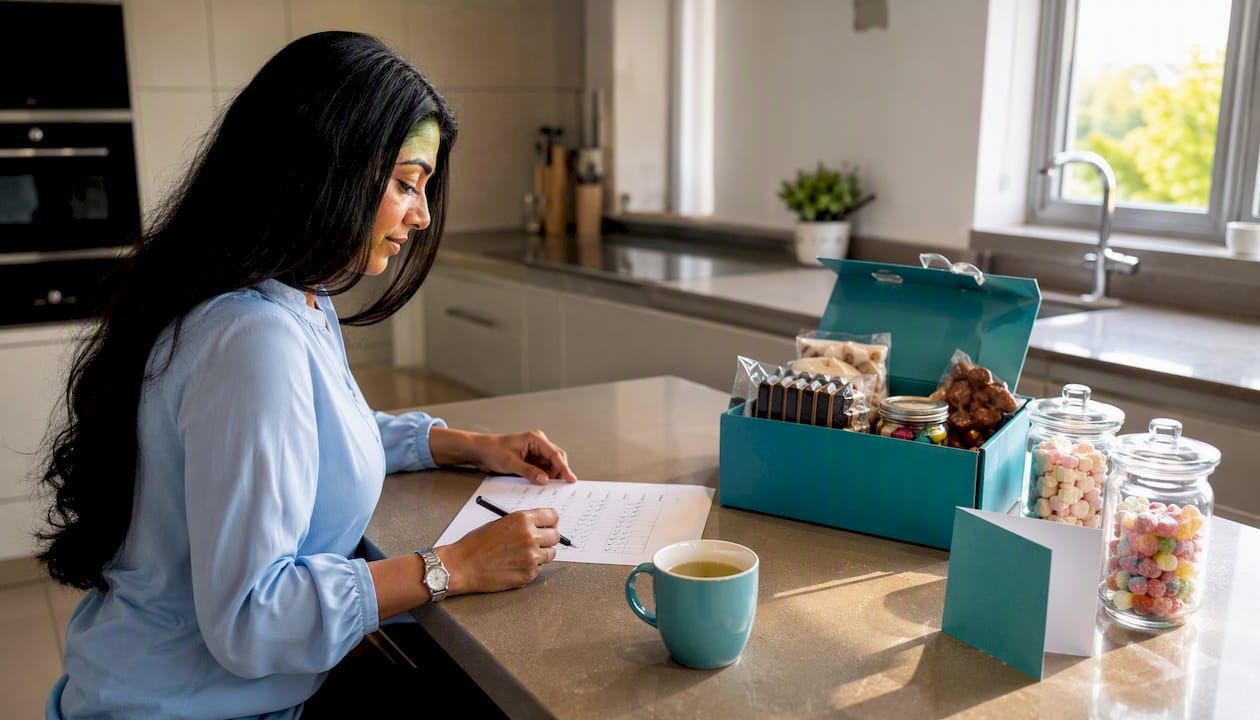 Hands checking dietary requirements next to gift box