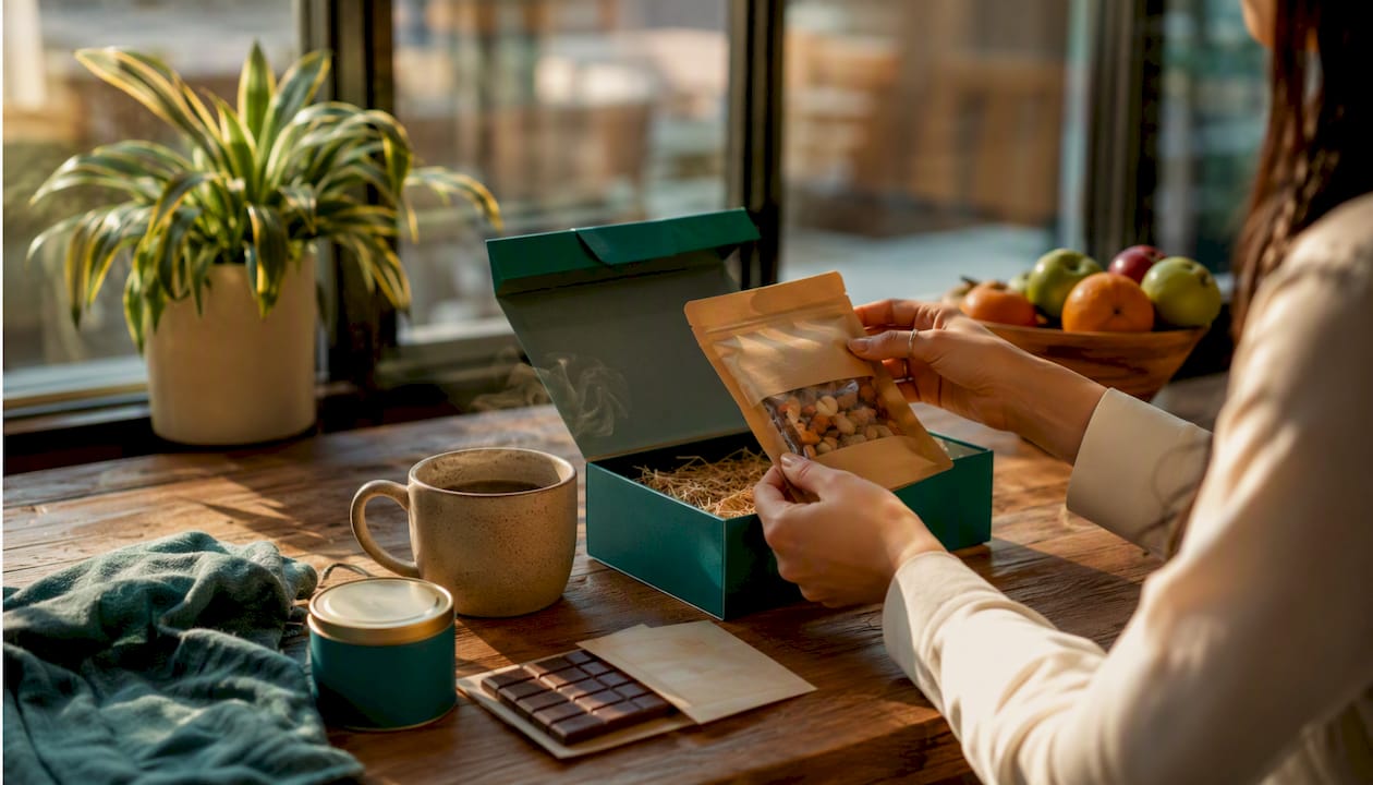 Flat lay of premium snack and wellness hamper contents on desk