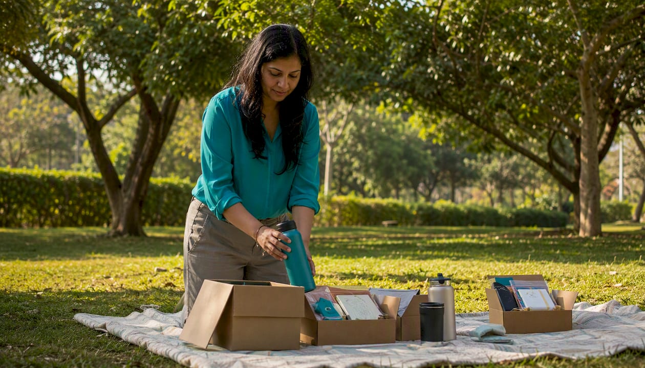 Woman unpacking gender neutral corporate hampers in office