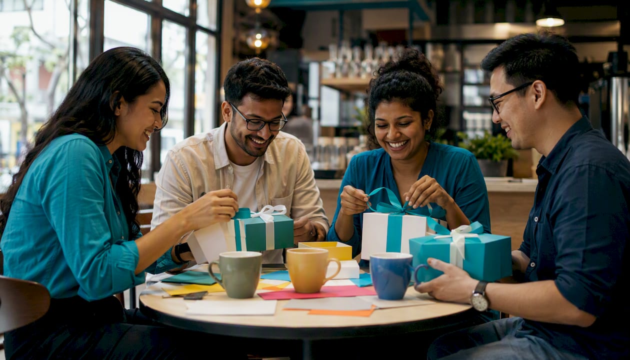 Diverse team unpacking inclusive gifts