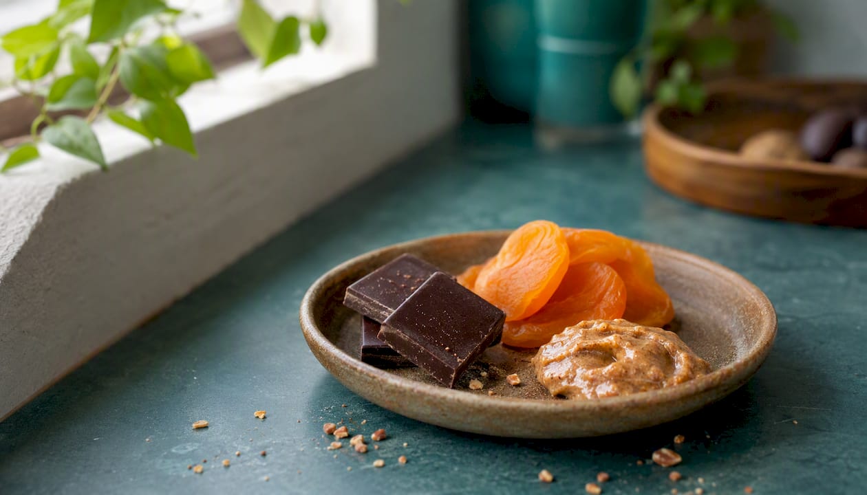 Dark chocolate squares with dried fruit and almond butter