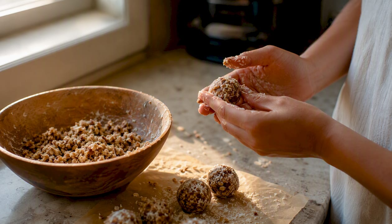 Hands rolling homemade protein energy bites