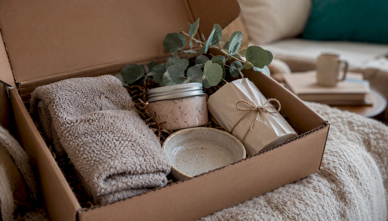 Themed spa pamper gift set flat lay
