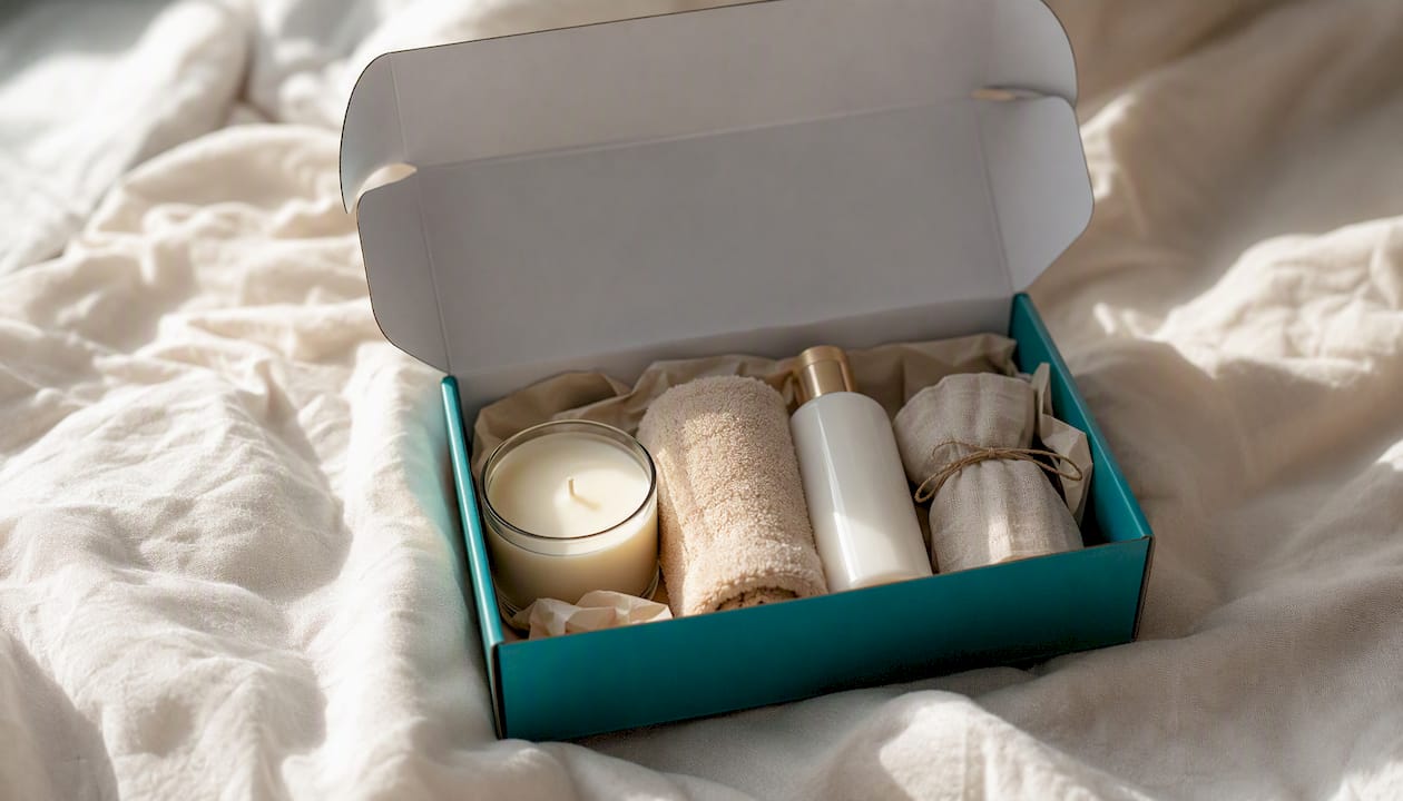 Opened letterbox gift showing curated pamper items