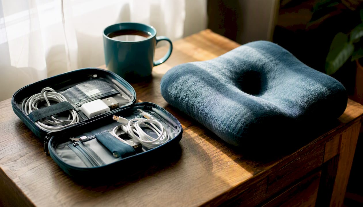 Tech organizer and memory foam cushion on wooden table