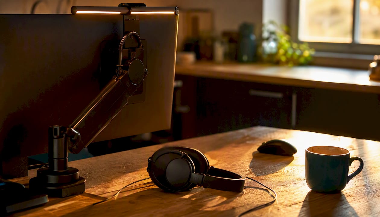 Desk showing ergonomic monitor light and noise-cancelling headphones