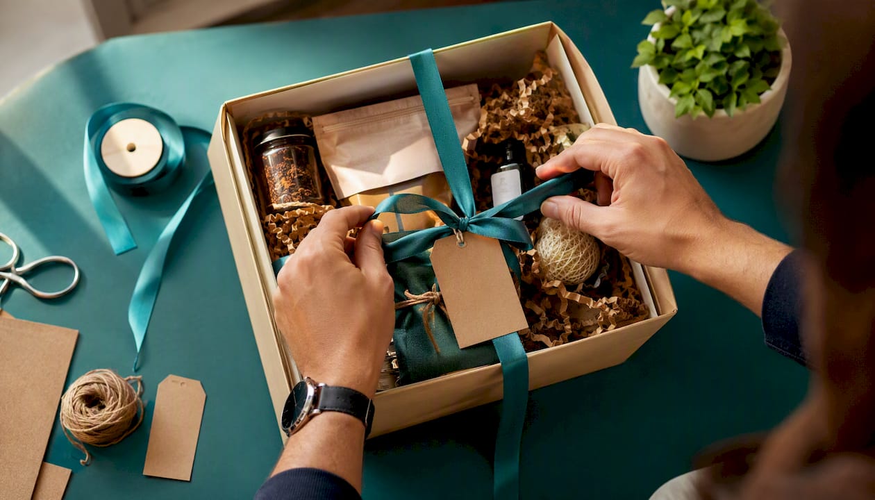 Close-up of assembling a staff hamper gift box