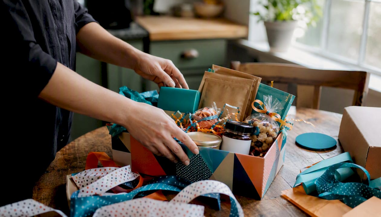 Hands assembling a stylish employee gift box