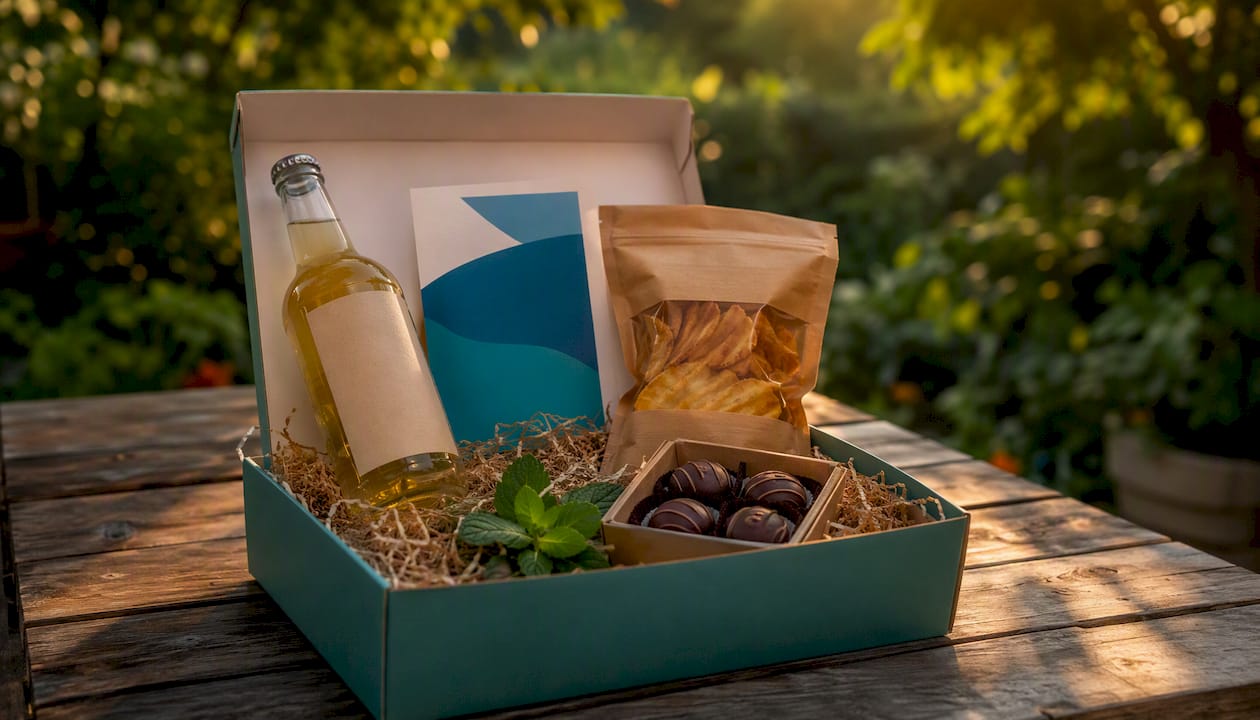 Alcohol-free corporate hamper on wooden table