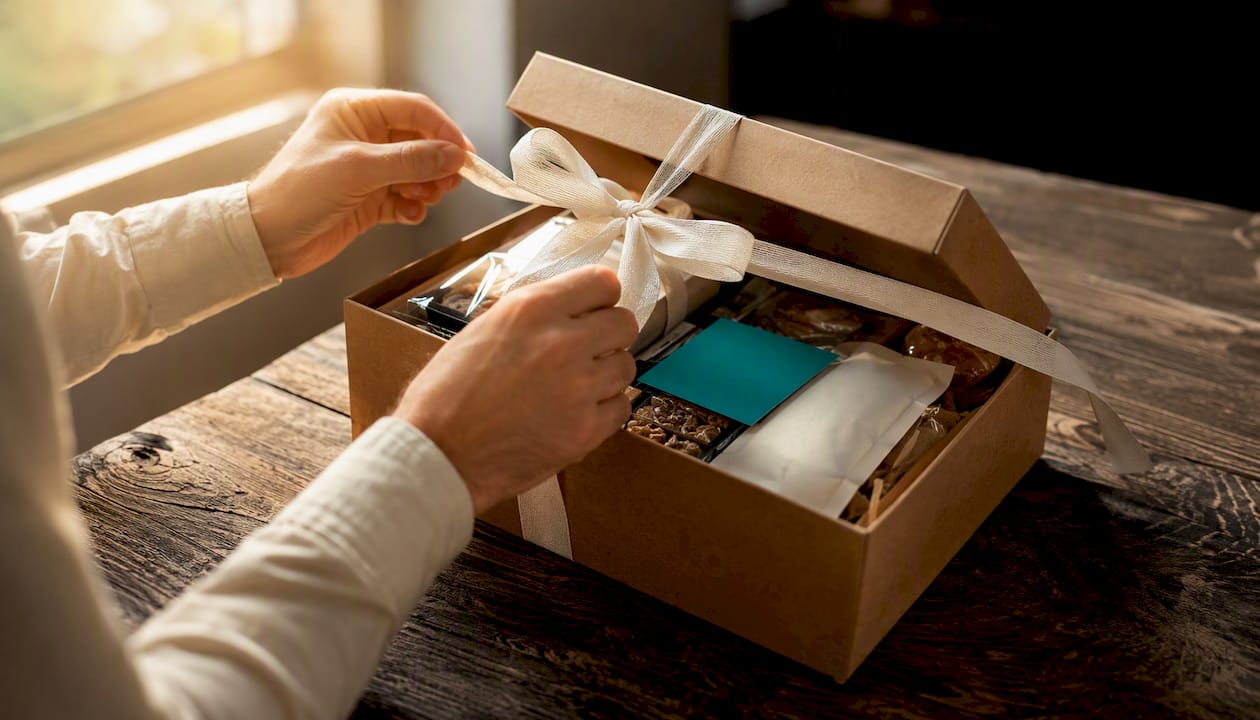 Hands untying ribbon on corporate gift box