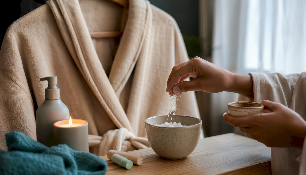 Bamboo dressing gown and pamper products close-up