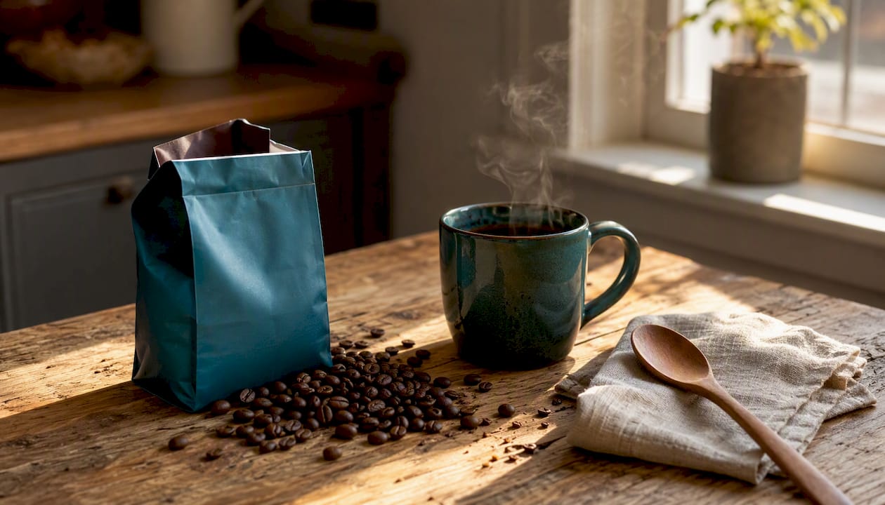 Premium coffee bag with beans and steaming mug