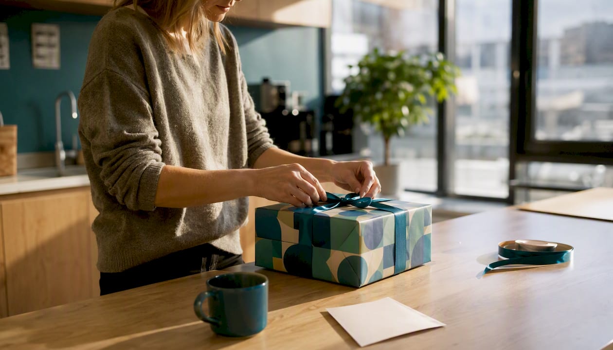 Hands tying ribbon on corporate gift box