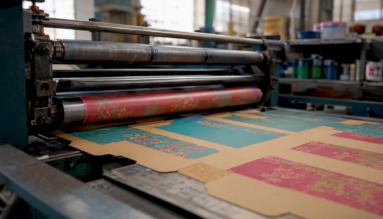 Close-up of gift box printing press in action