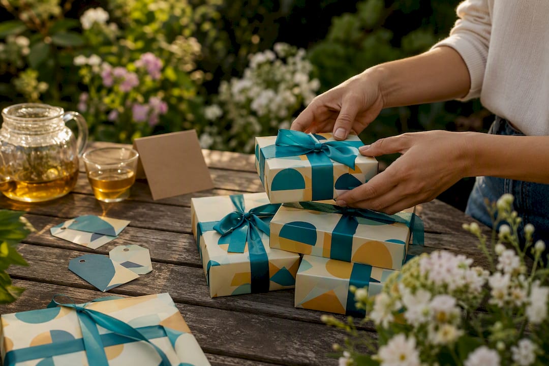 Hands tying ribbon on corporate gift box