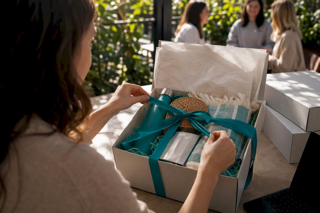 Hands assembling corporate gift box packaging