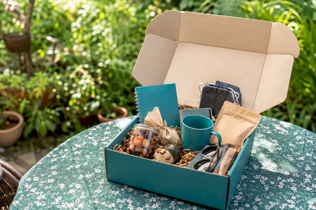 Opened curated corporate gift box contents