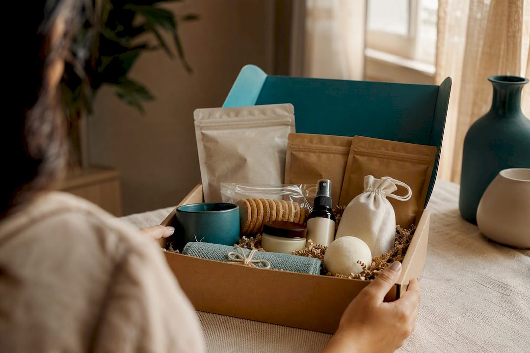 Overhead of curated gift hamper items