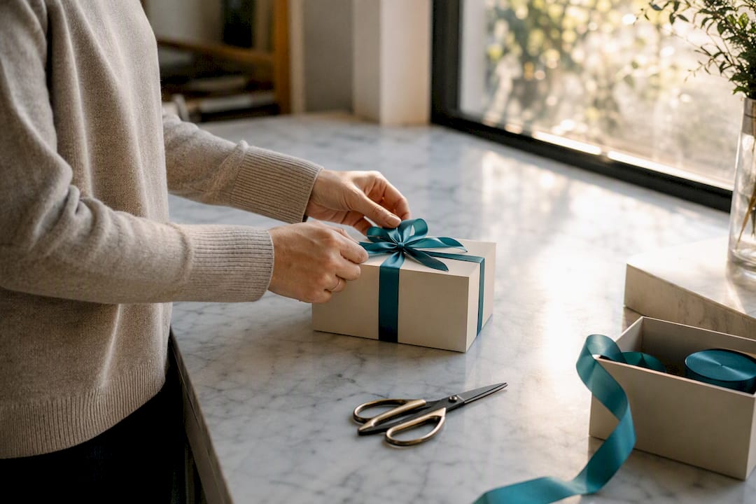 Hands wrapping a small corporate gift box