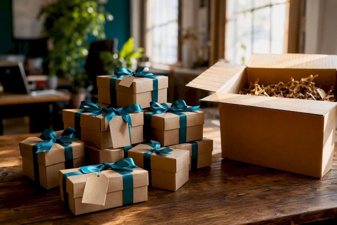 Set of wrapped corporate gifts with shipping box