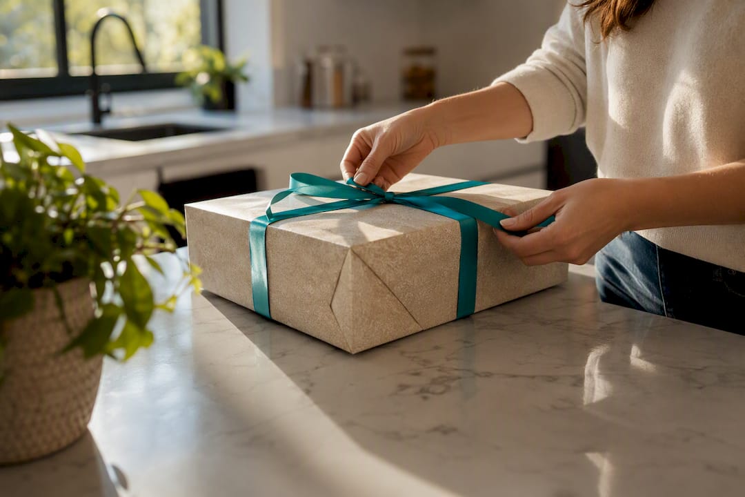 Hands wrapping corporate gift box with ribbon
