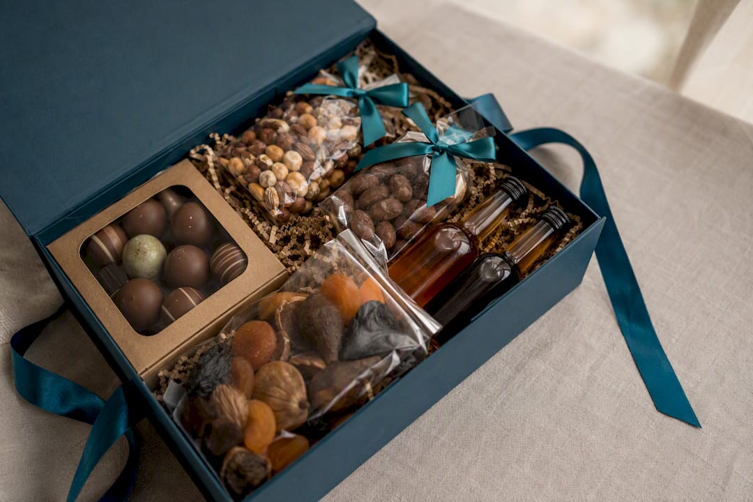 Premium corporate gift hamper contents overhead