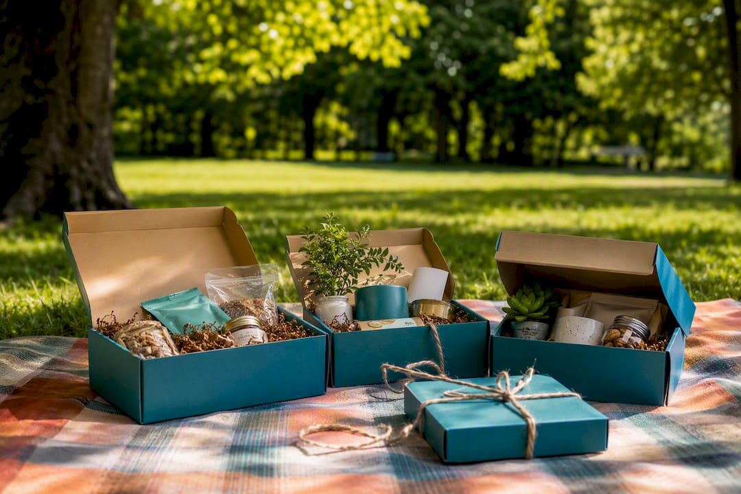 Three curated gift boxes with different ribbons