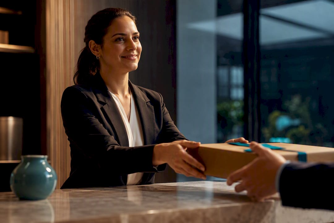 Corporate gift handoff in modern reception