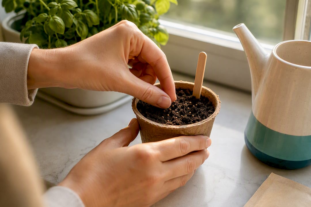 Hands planting seeds in a herb pot