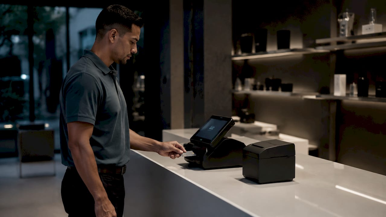 Technician processing payment at retail terminal