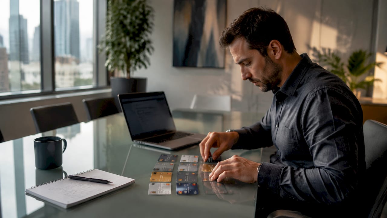 Hands holding credit cards and laptop on desk