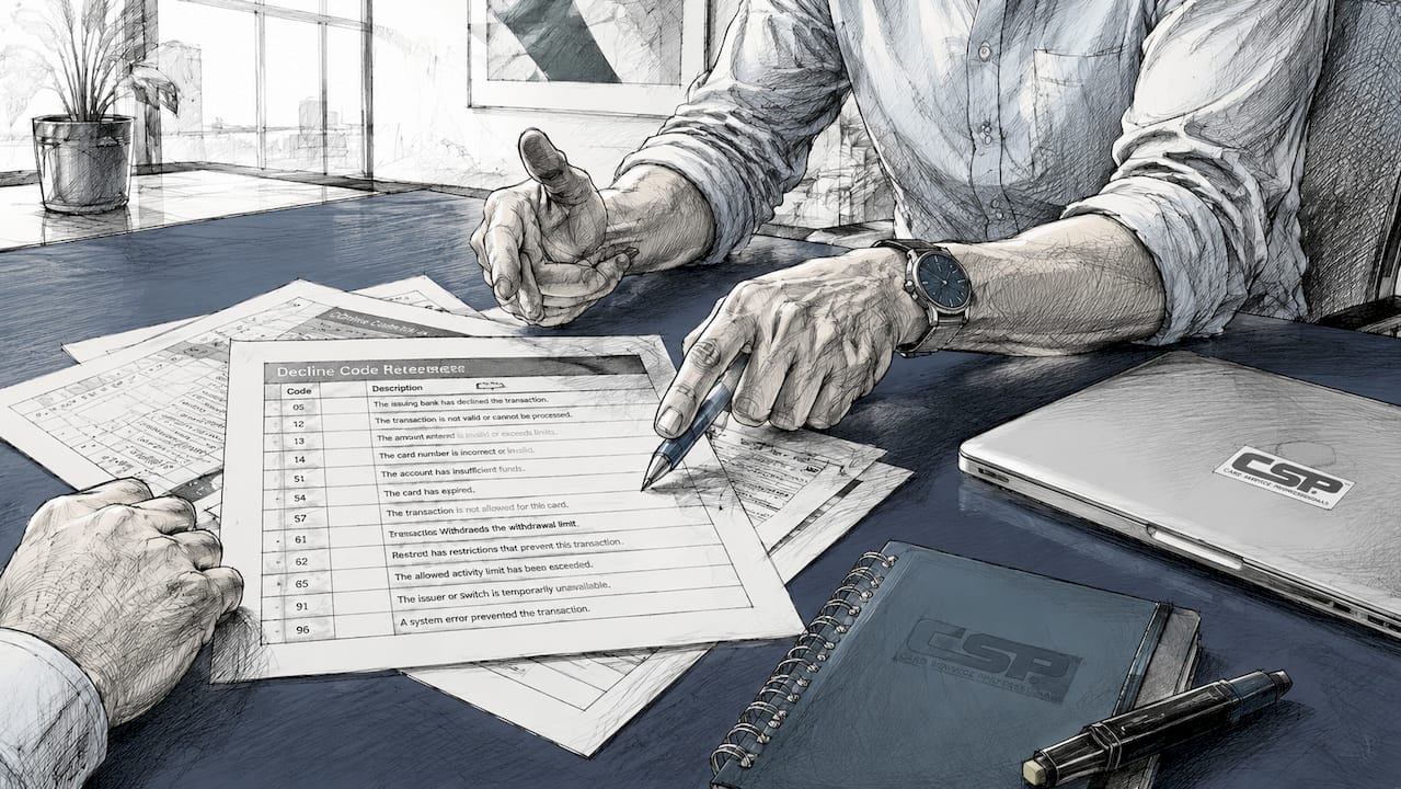 Overhead view of hands reviewing decline codes documents