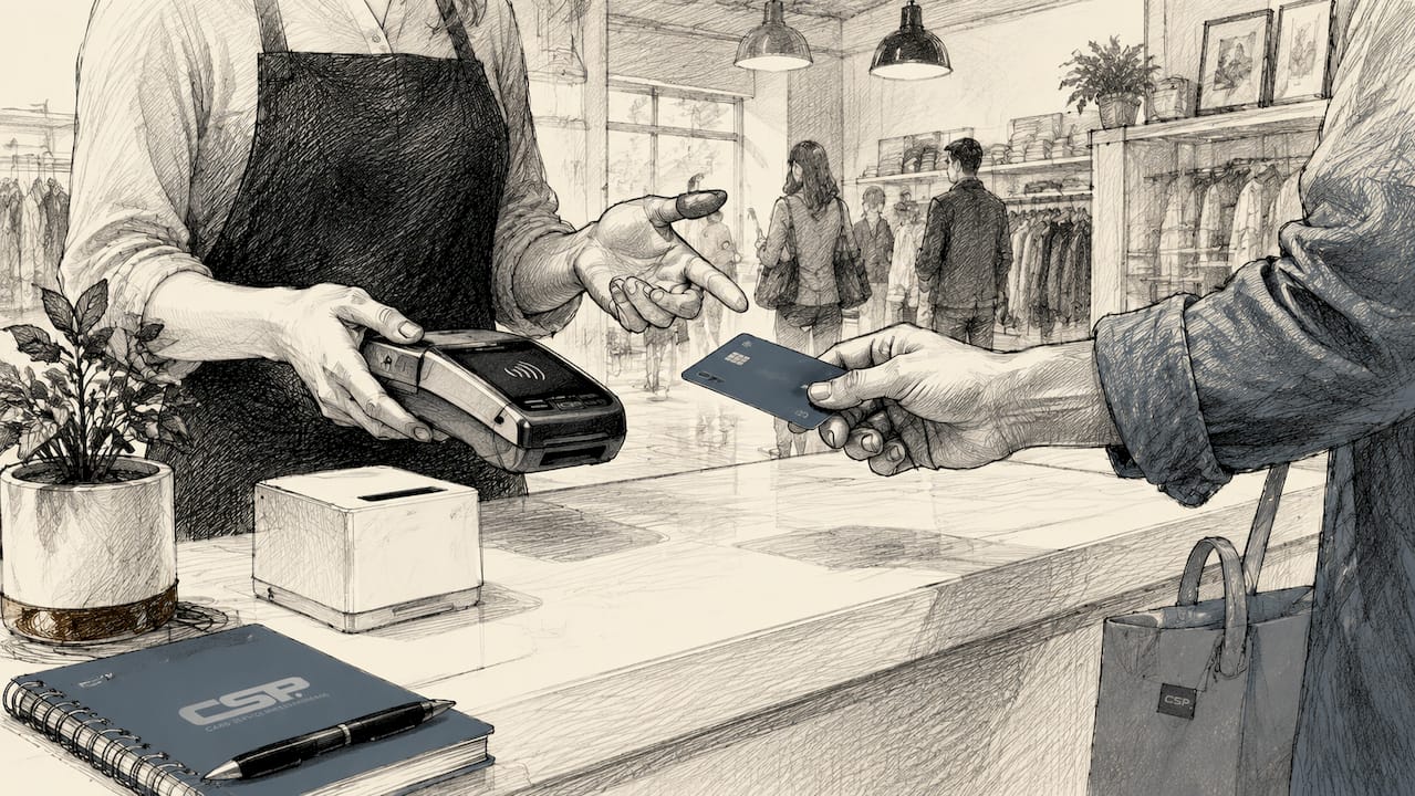 Close-up of contactless credit card payment at counter
