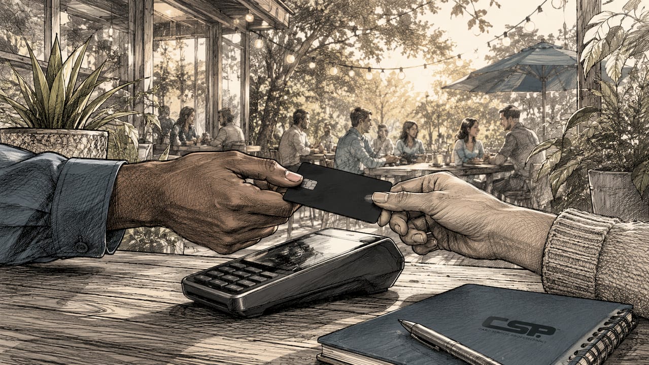 Hands holding card close to a payment terminal in cafe