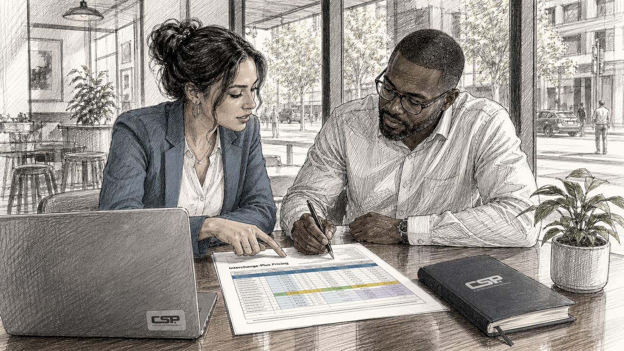 Hands discussing interchange-plus pricing documents