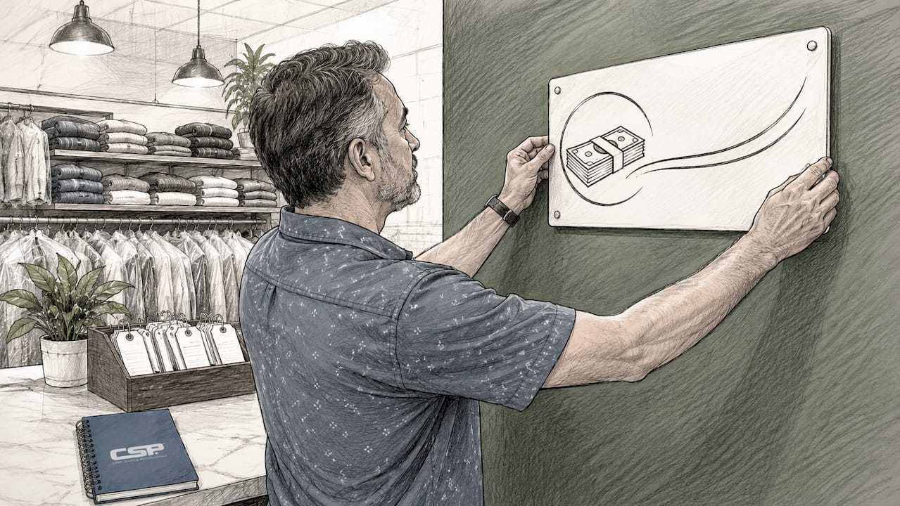 Hands posting discount signage on bulletin board