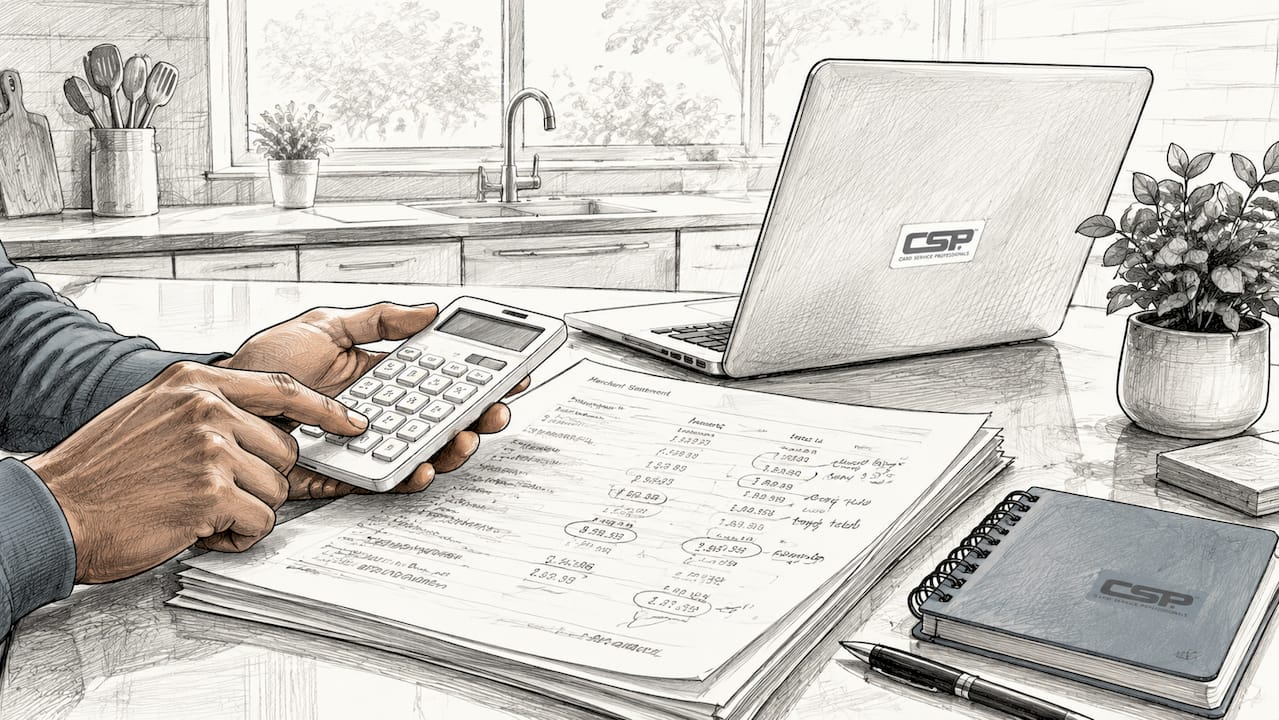 Close-up of hands calculating payment fees