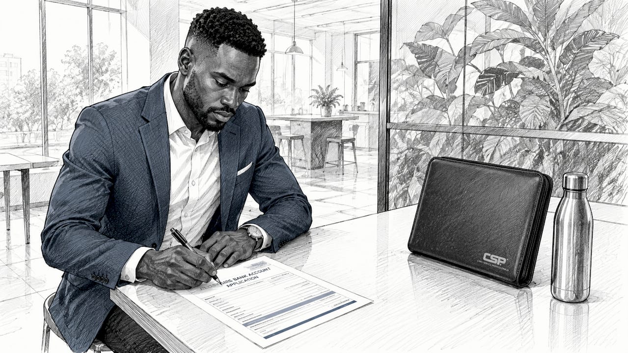 Hands filling out business bank account form