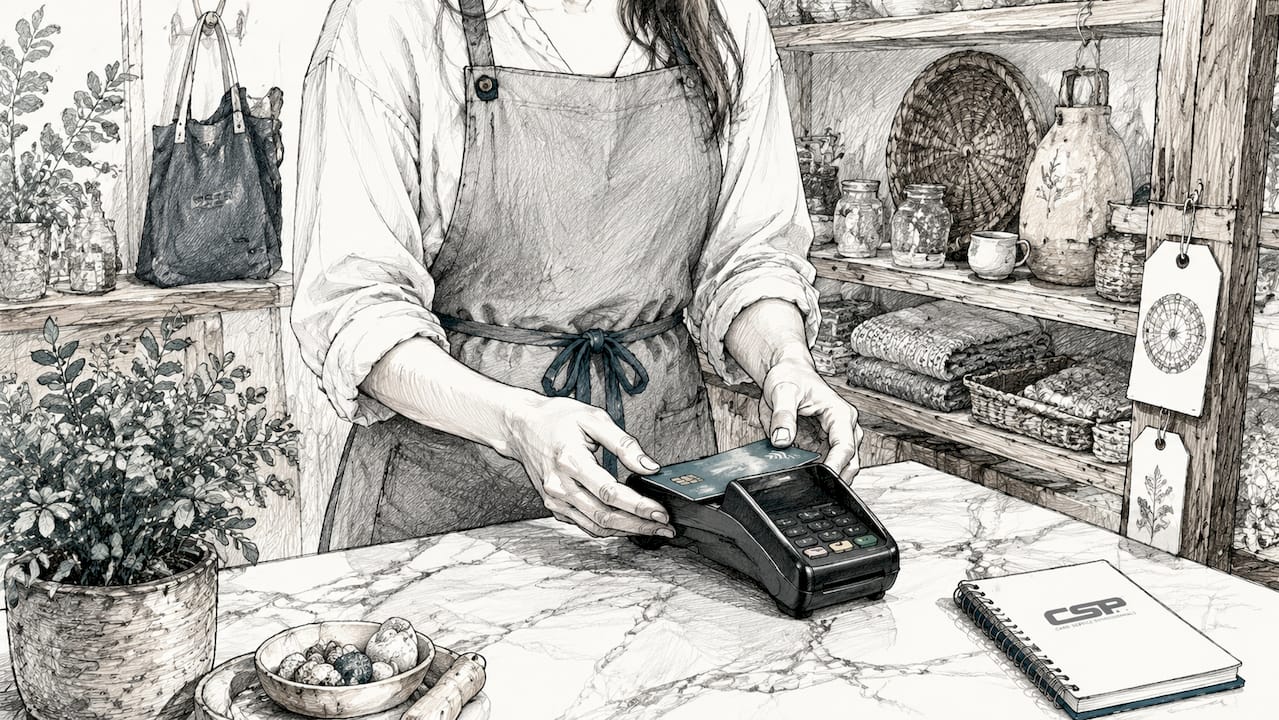Store clerk using NFC payment terminal in boutique