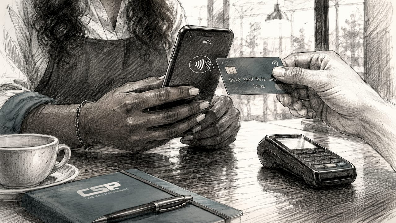 Hands using smartphone for tap-to-pay transaction