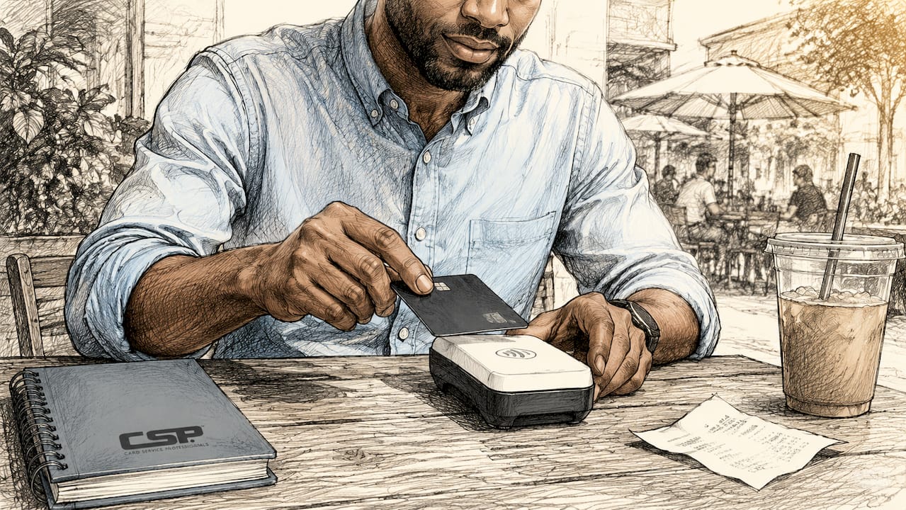 Hands tapping credit card on card reader