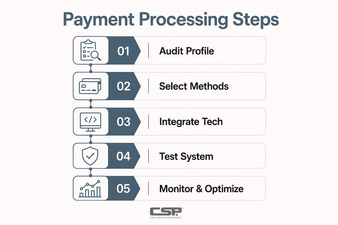 Infographic showing payment processing implementation steps