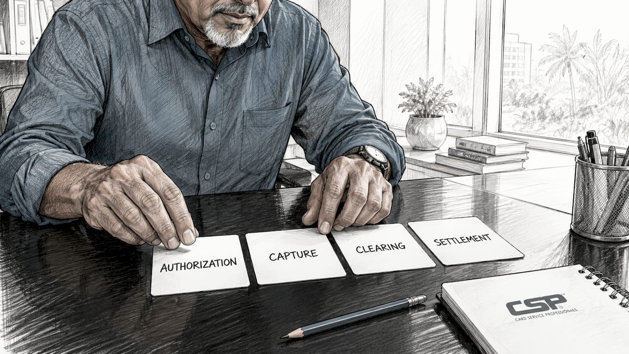 Hands arranging retail payment process cards